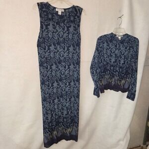 Donna Toran Dress Cardigan Set Womens Small Blue Purple Damask Plisse Maxi 2pc